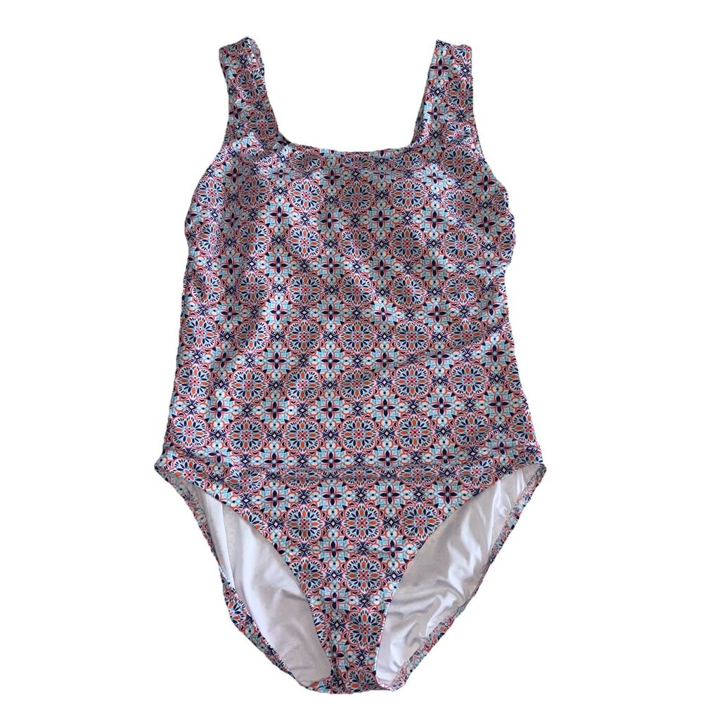 Lands' End One Piece Swimsuit Size Medium 10-12 Blue Orange Medallion Print